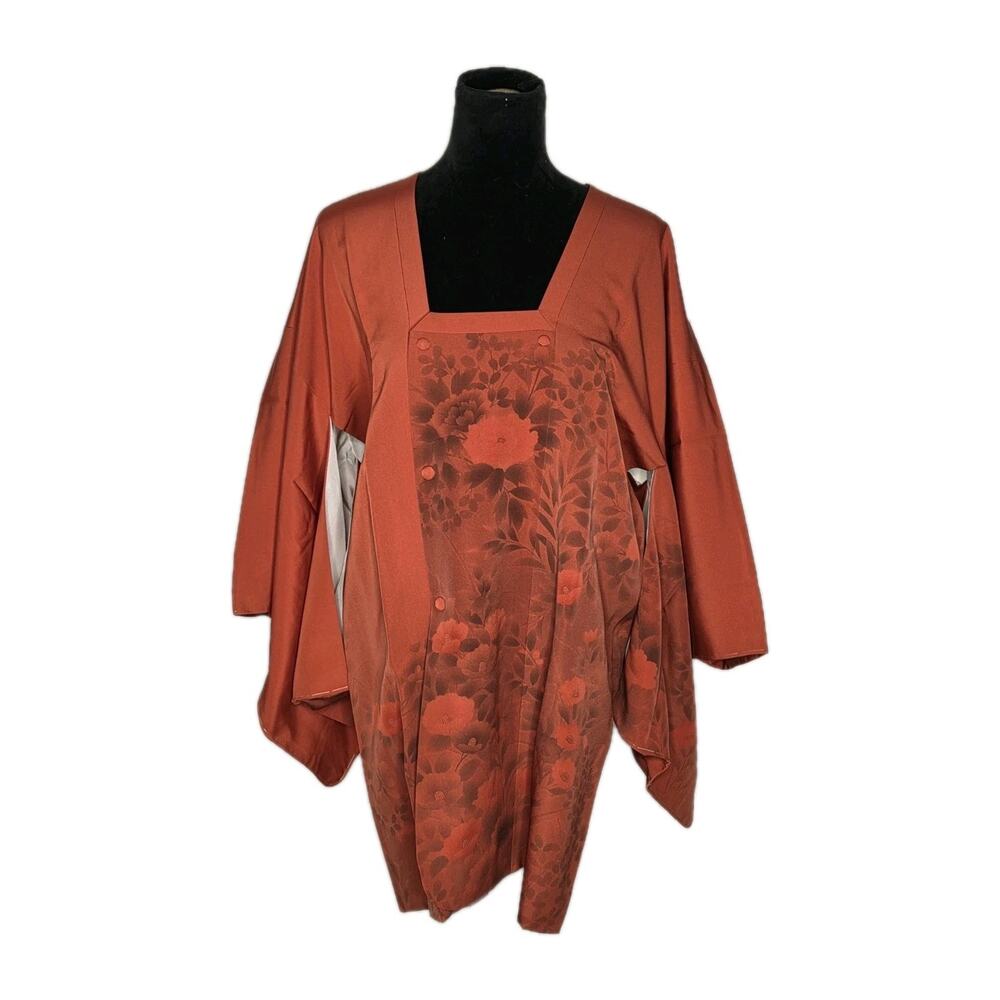 NWT Japanese Pure Silk Michiyuki Kimono Coat Red Floral Wrap Robe OS